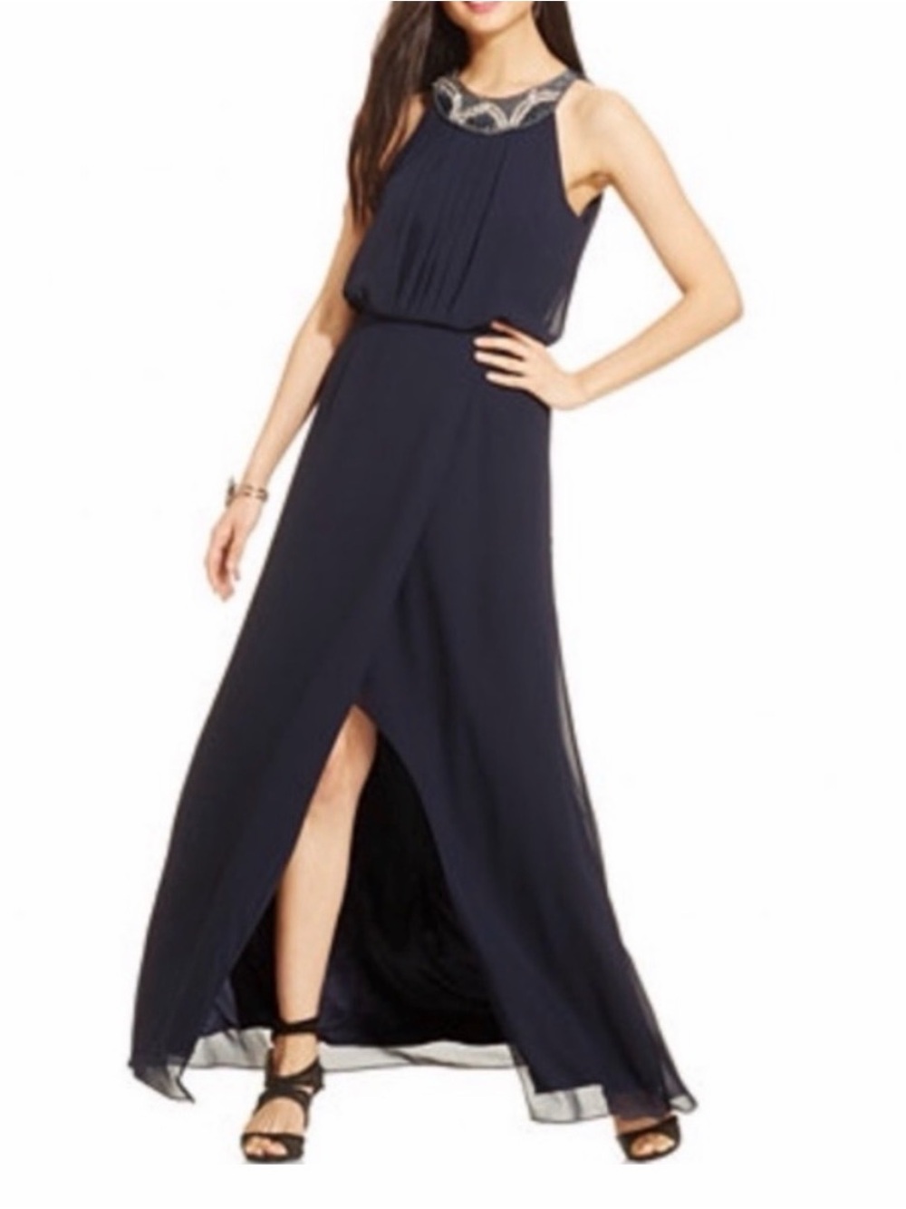 🆕 Vince Camuto Navy Embellished Beaded Gown Dress
